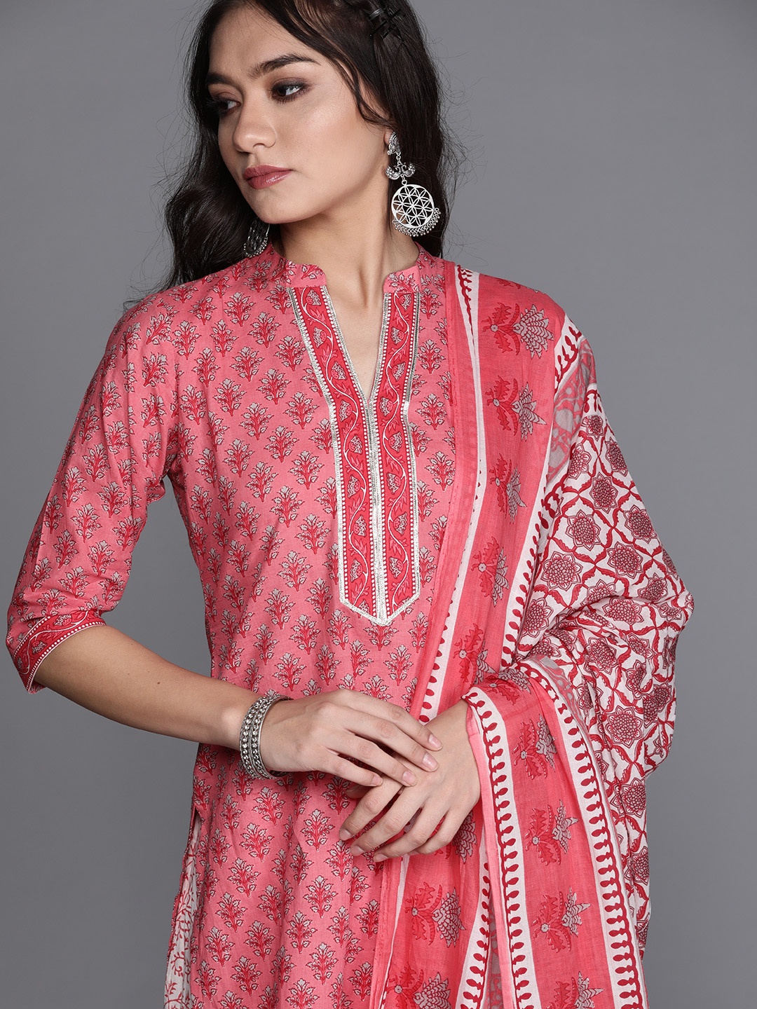 

Libas Women Pink & Grey Floral Print Cotton Straight Kurta with Palazzos & Dupatta