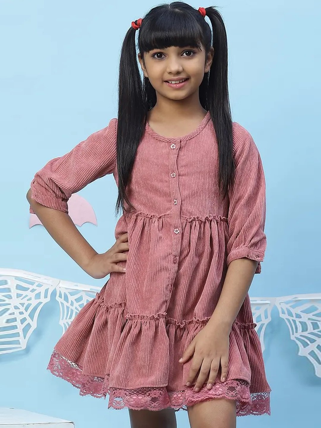 

Biba Pink Solid Tiered Corduroy Dress with Lace Detailing