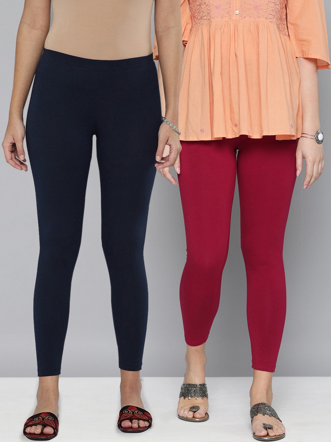 

HERE&NOW Pack Of 2 Women Navy Blue & Maroon Cotton Leggings