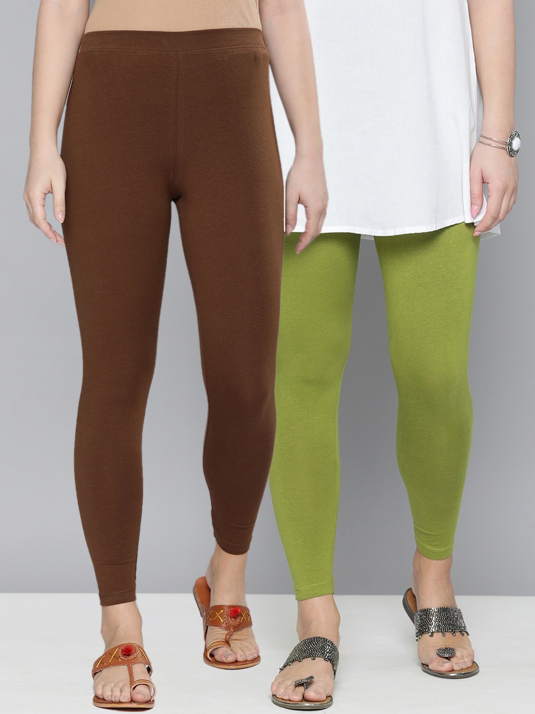 

HERE&NOW Women Pack Of 2 Lime Green & Brown Solid Ankle Length Leggings