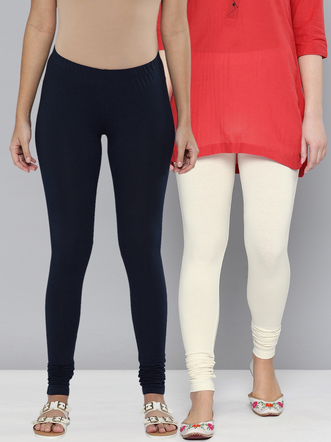 

HERE&NOW Pack of 2 Navy Blue & Off-White Churidar Leggings