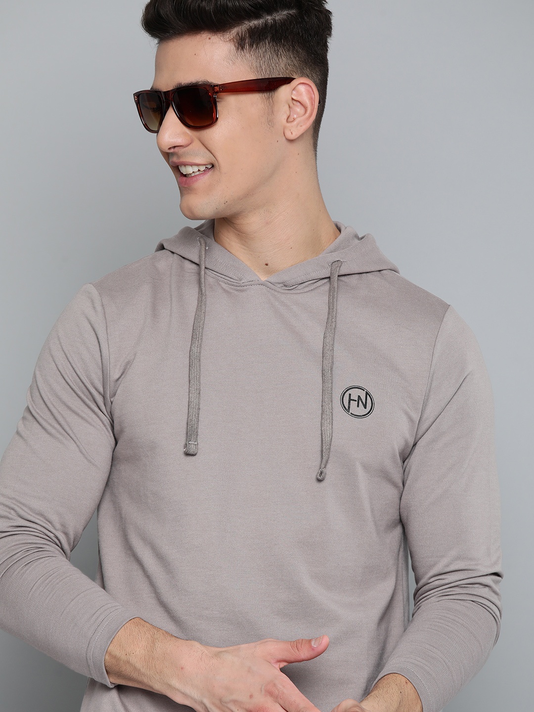 

HERE&NOW Men Grey Solid Hooded Sweatshirt