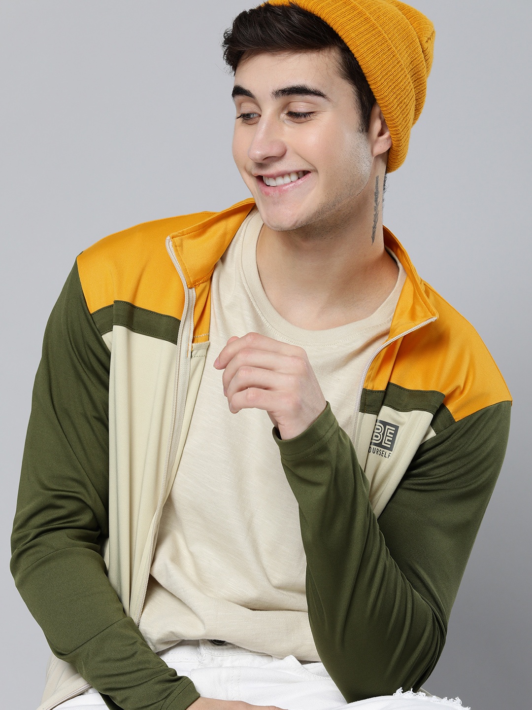 

HERE&NOW Men Off White & Mustard Yellow Colourblocked Sporty Jacket