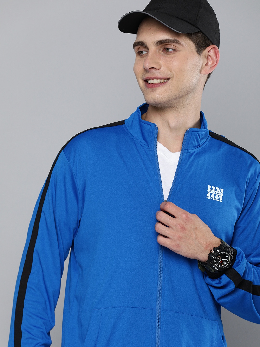 

HERE&NOW Men Blue Printed Detail Side Striped Sporty Jacket