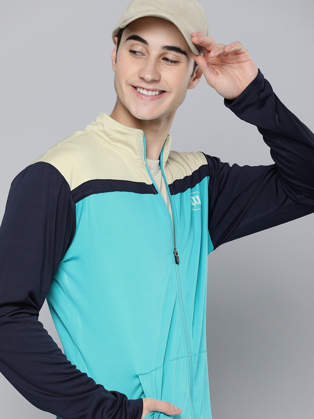 

HERE&NOW Men Turquoise Blue & Off White Colourblocked Sporty Jacket