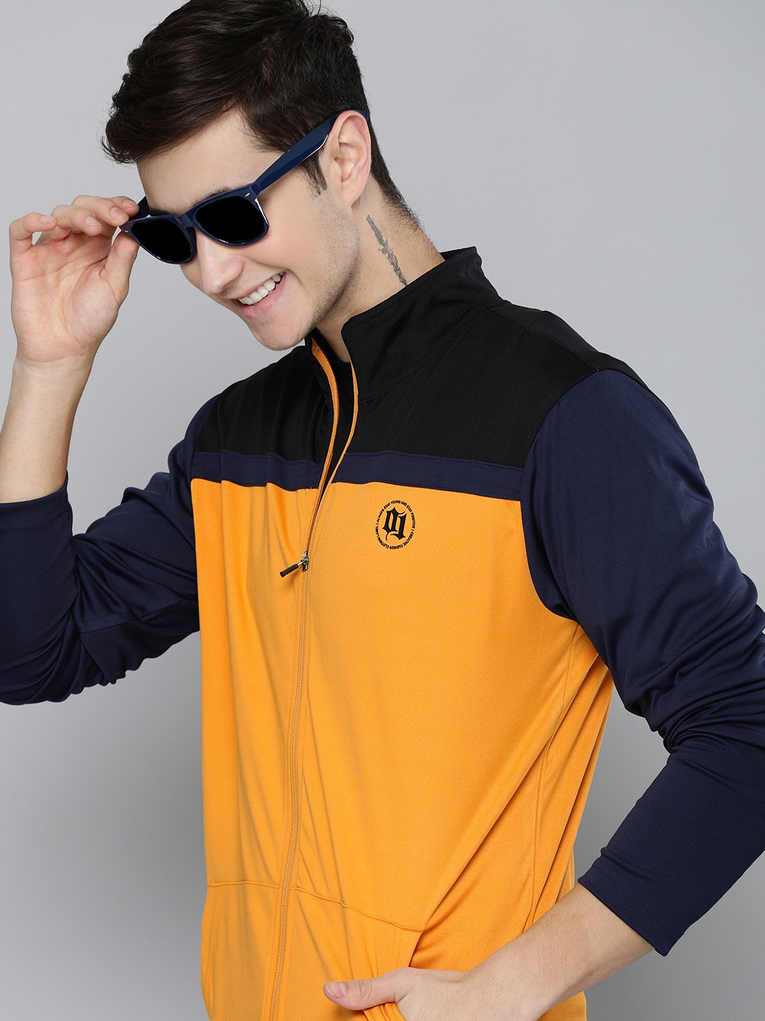 

HERE&NOW Men Mustard Yellow & Black Colourblocked Sporty Jacket