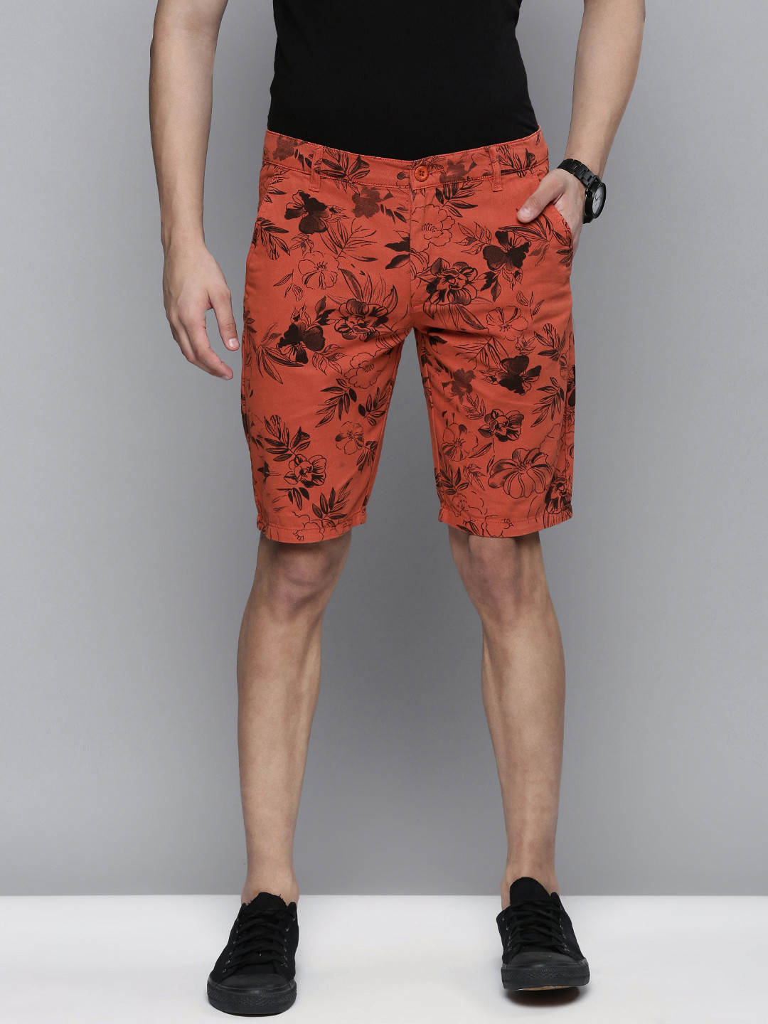 The Indian Garage Co Men Rust Floral Printed Slim Fit Regular Shorts