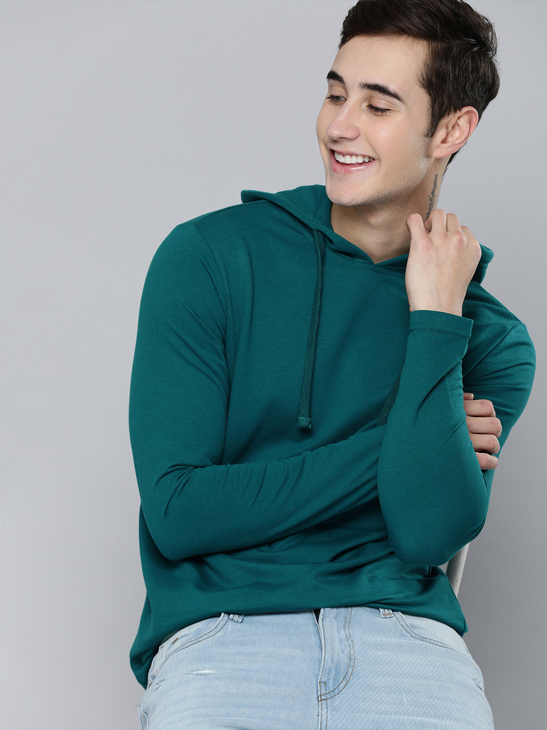 

HERE&NOW Men Teal Blue Solid Hooded Sweatshirt
