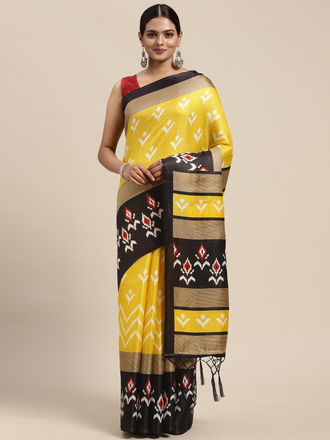 

KALINI Yellow & Black Warli Art Silk Mysore Silk Saree