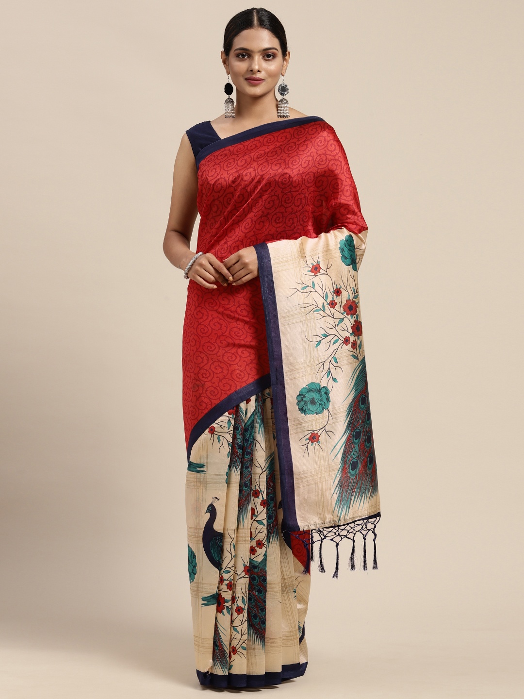 

KALINI Red Kalamkari Art Silk Mysore Silk Saree