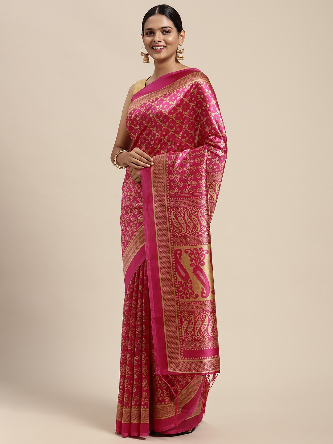 

KALINI Pink Kalamkari Art Silk Mysore Silk Saree