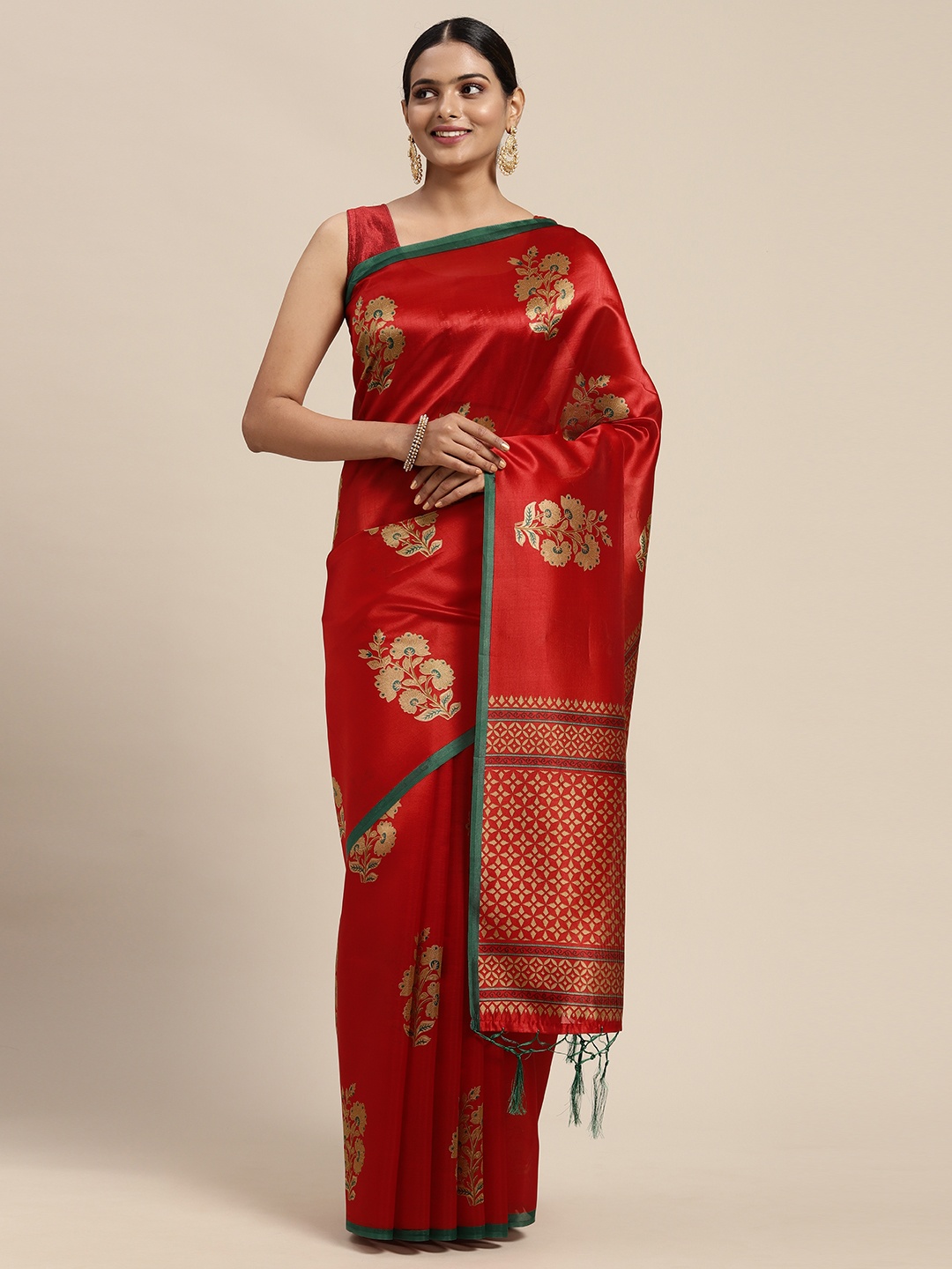 KALINI Red Kalamkari Art Silk Mysore Silk Saree