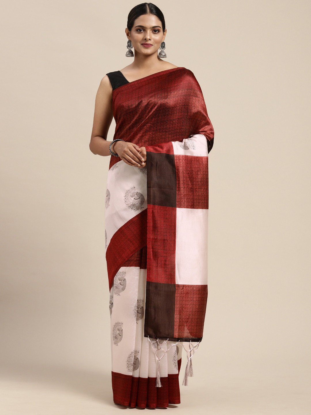 

KALINI Maroon & White Kalamkari Art Silk Mysore Silk Saree