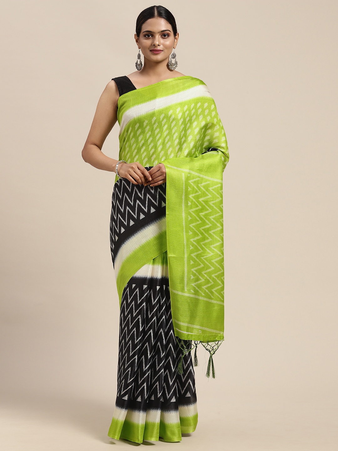 

KALINI Green & Black Kalamkari Art Silk Mysore Silk Saree