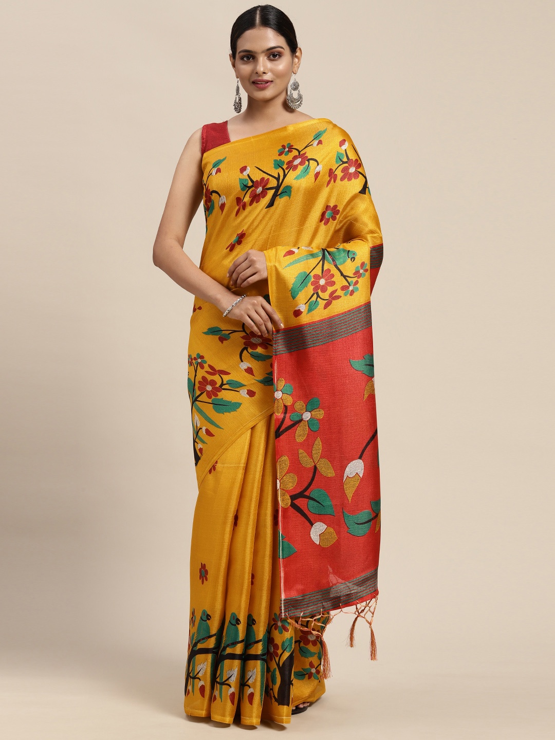 

KALINI Mustard & Red Kalamkari Art Silk Mysore Silk Saree