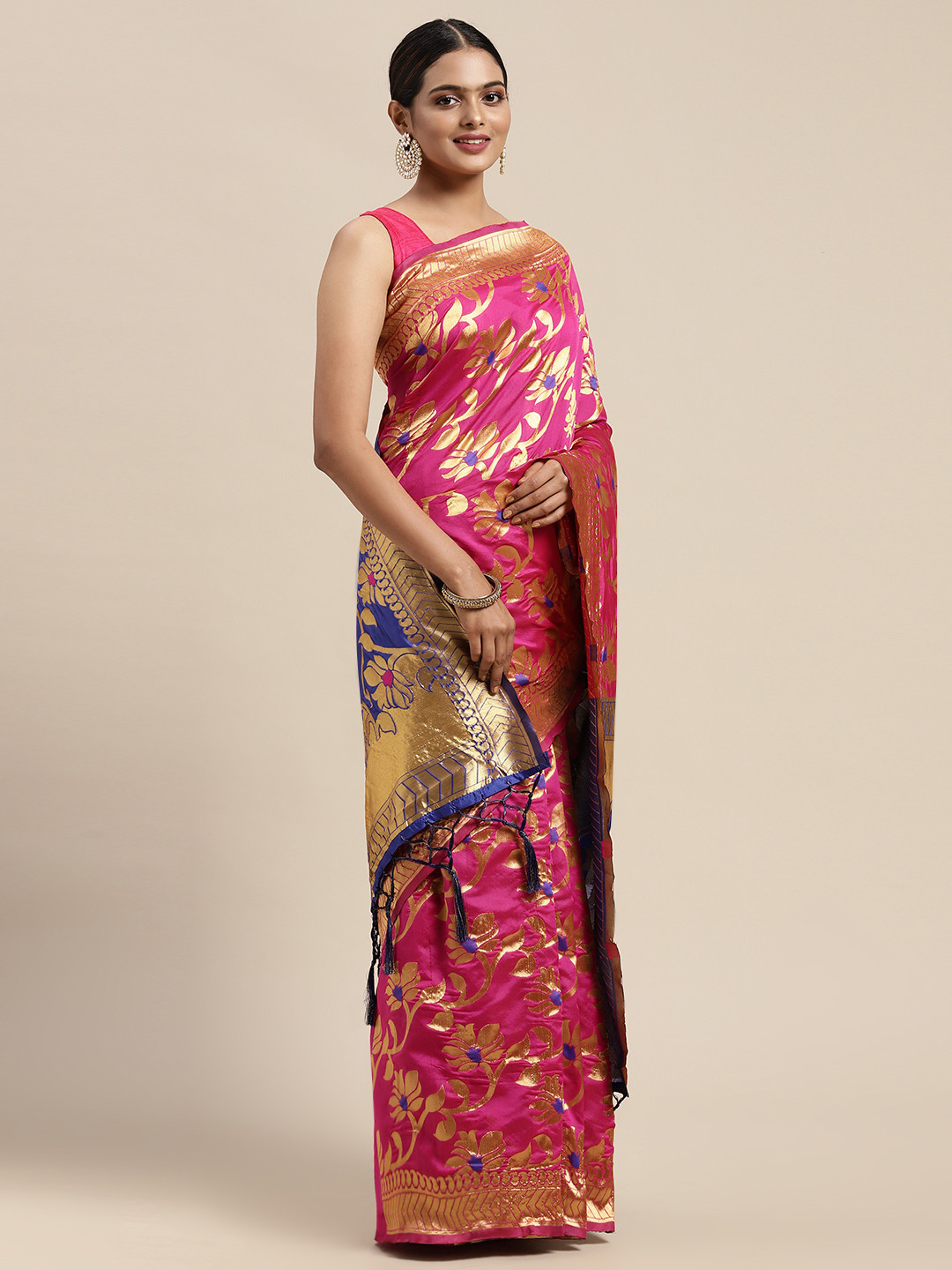 

KALINI Pink & Blue Woven Design Zari Silk Blend Banarasi Saree