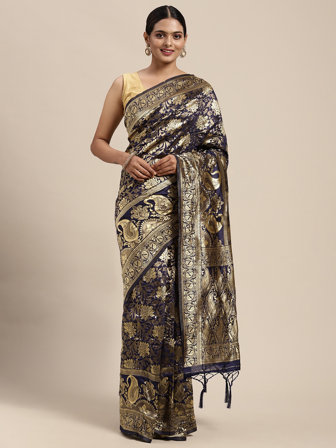 

KALINI Navy Blue Woven Design Zari Silk Blend Banarasi Saree