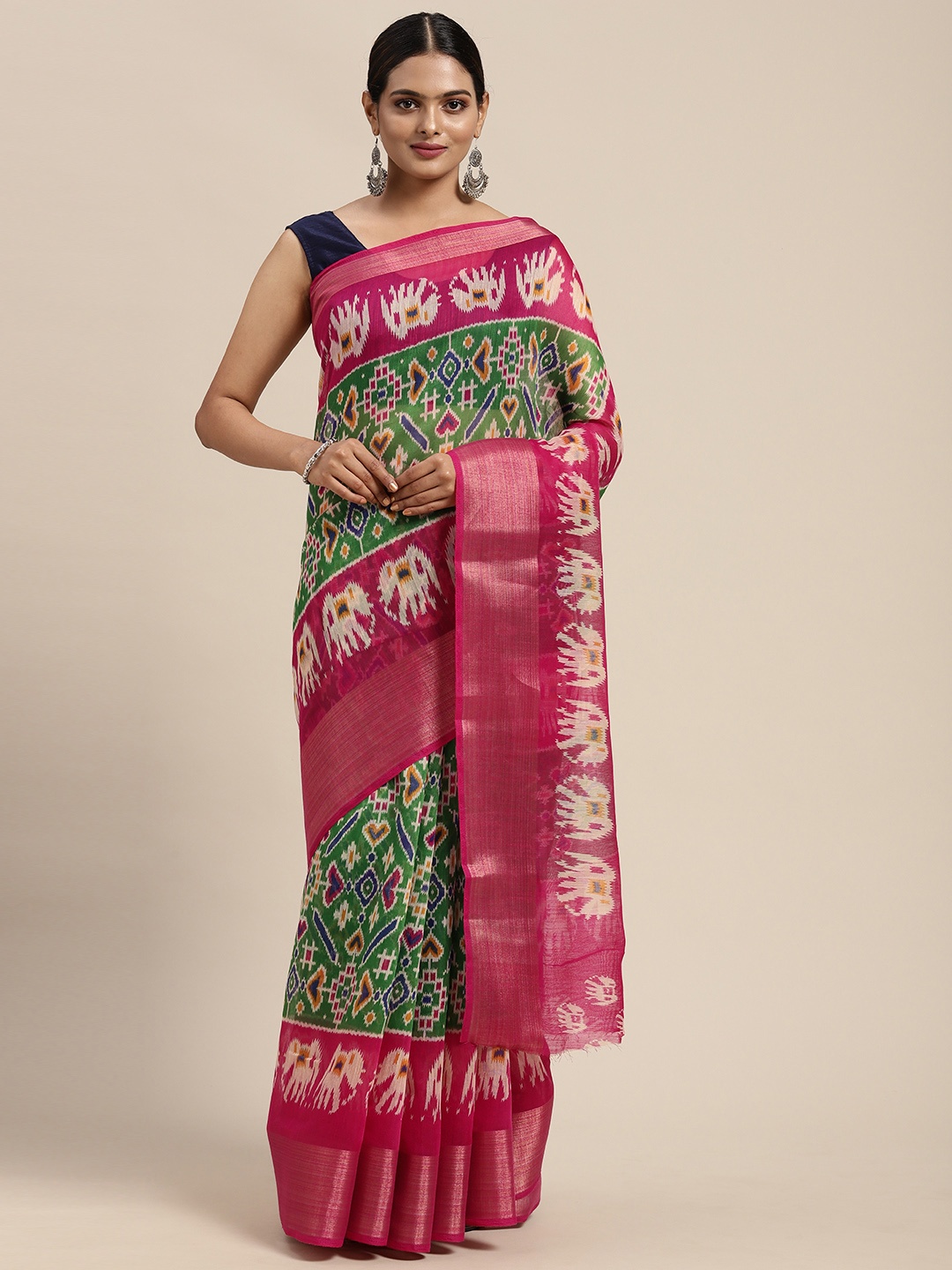 

KALINI Green & Pink Warli Zari Ikat Saree