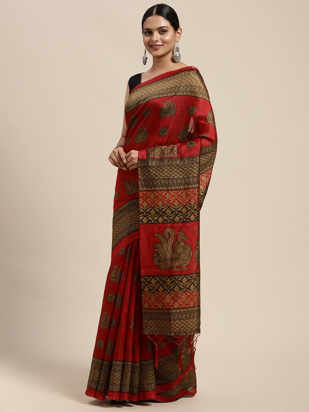 

KALINI Maroon Kalamkari Art Silk Mysore Silk Saree