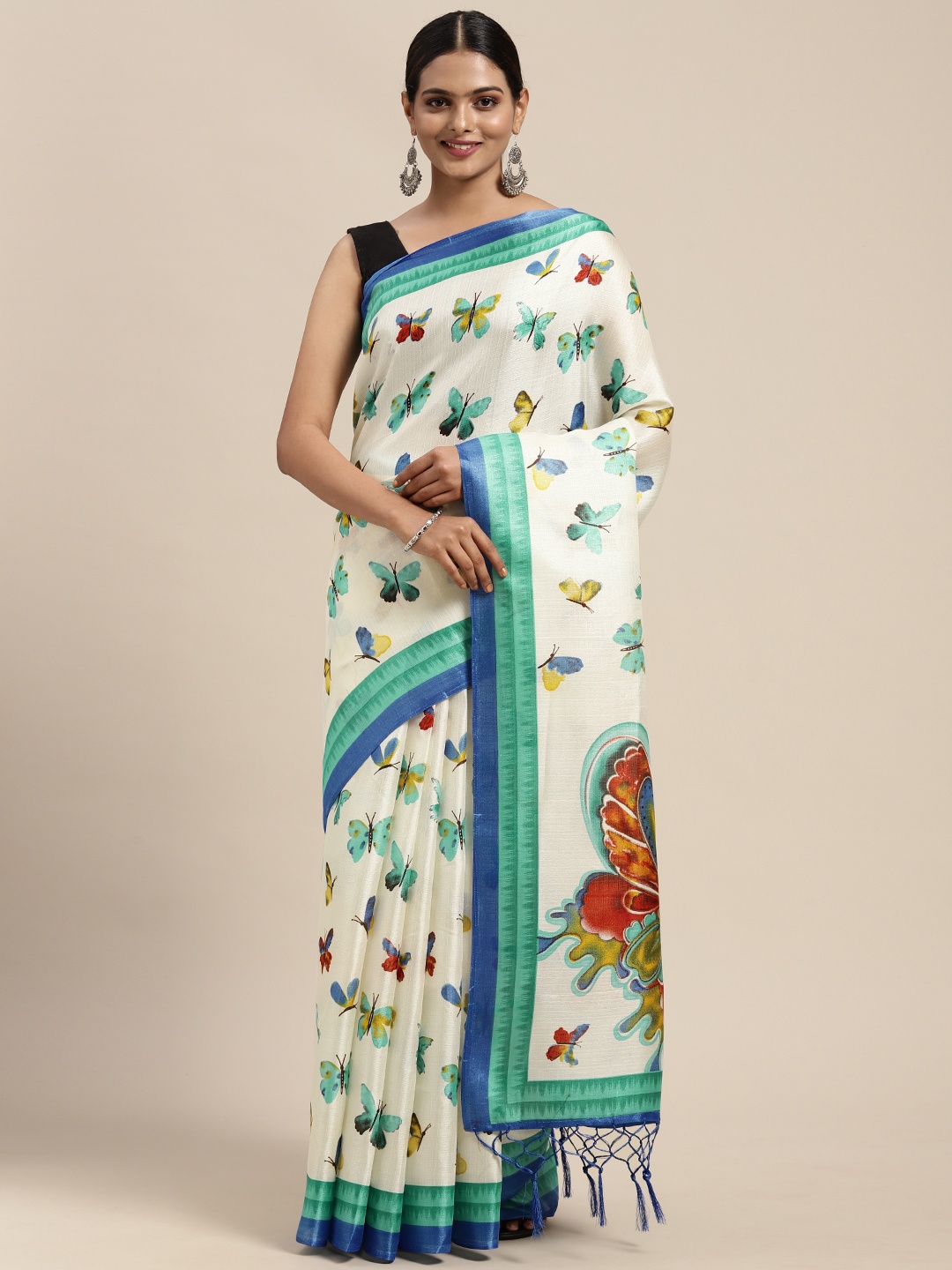 

KALINI Off White & Blue Kalamkari Art Silk Mysore Silk Saree
