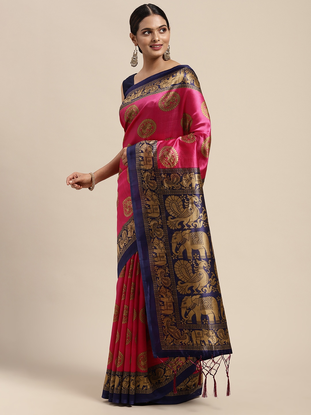 

KALINI Pink & Navy Blue Kalamkari Art Silk Mysore Silk Saree
