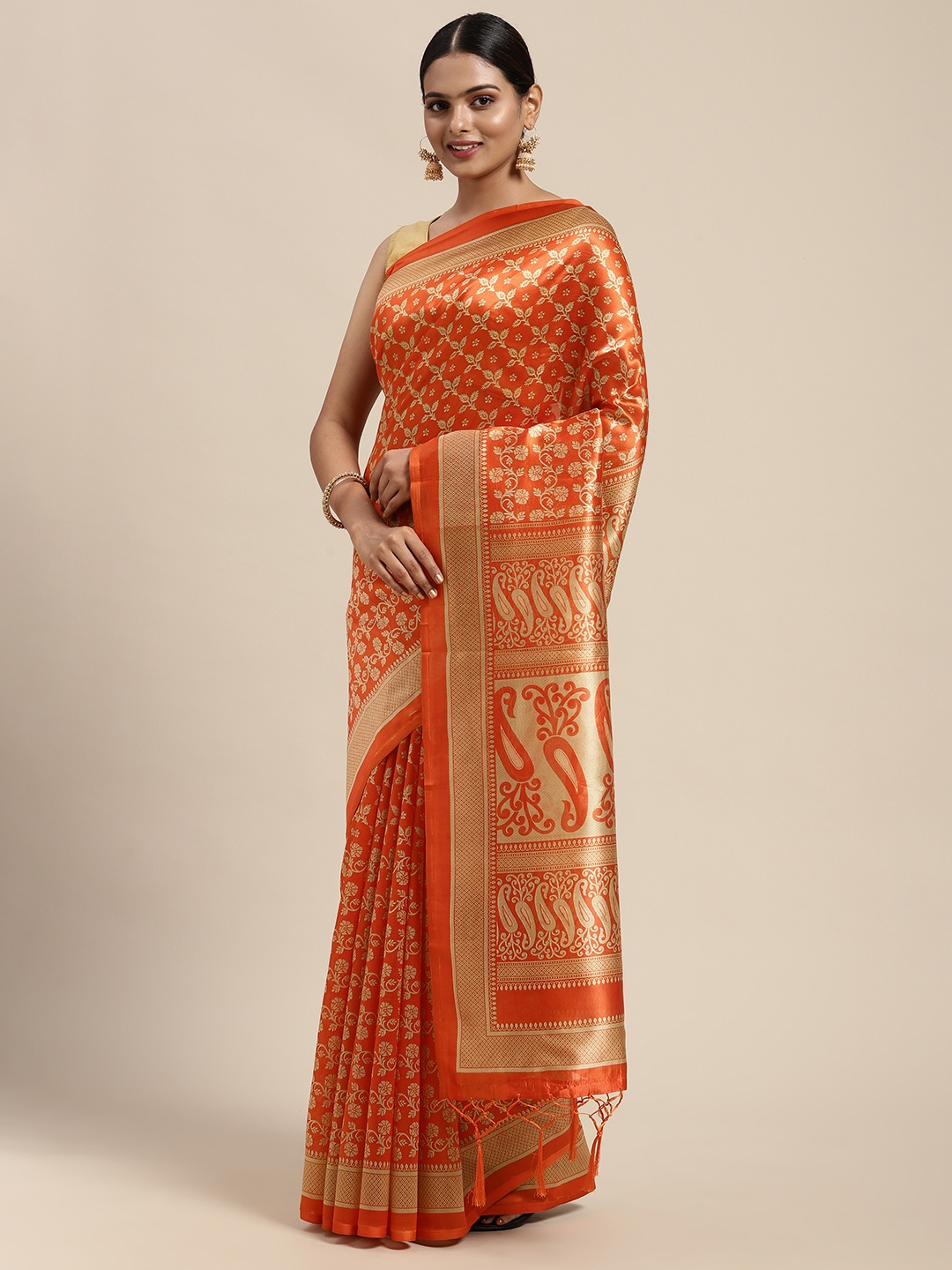 

KALINI Orange Kalamkari Art Silk Mysore Silk Saree