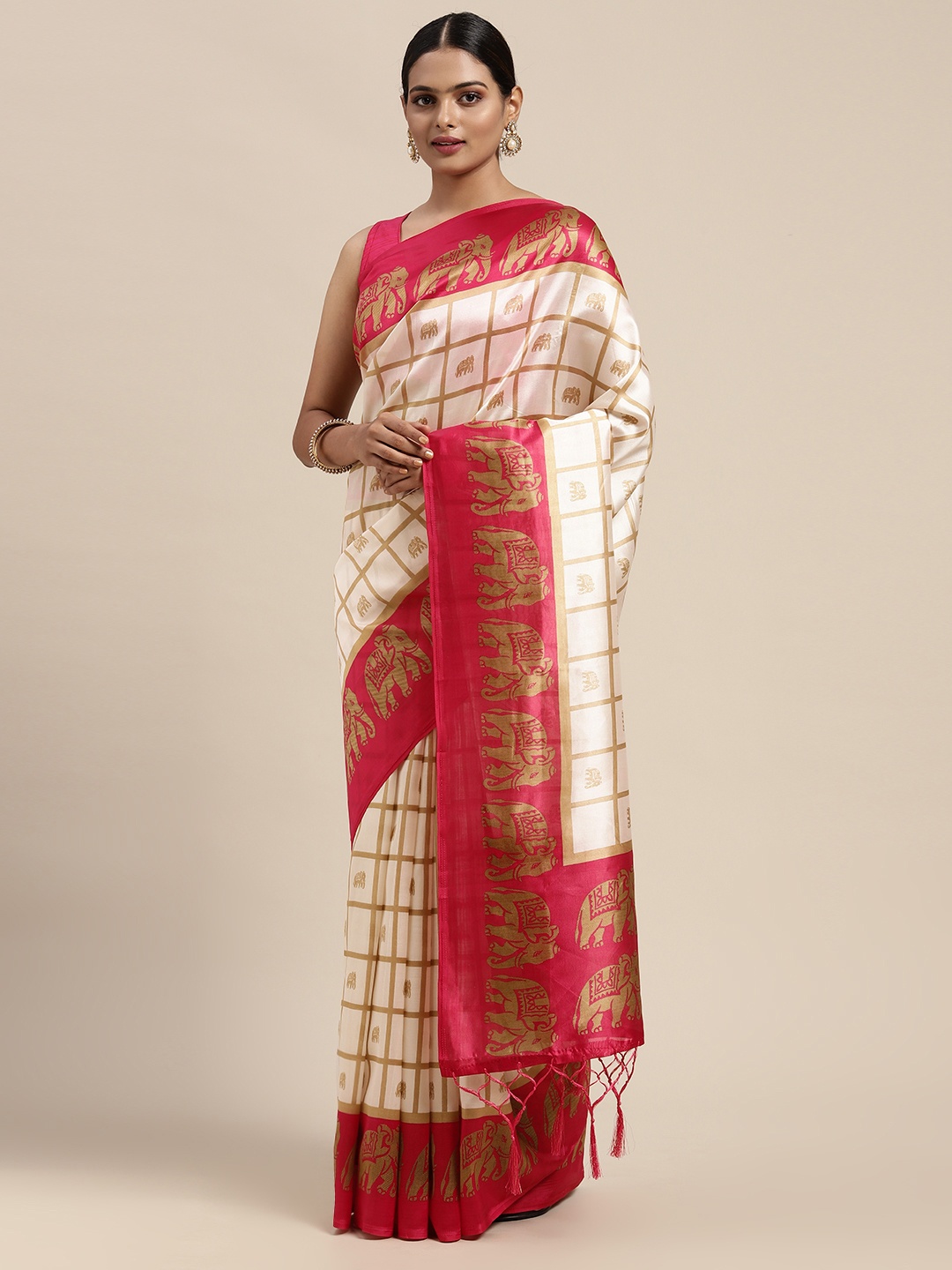 KALINI Off White Kalamkari Art Silk Mysore Silk Saree