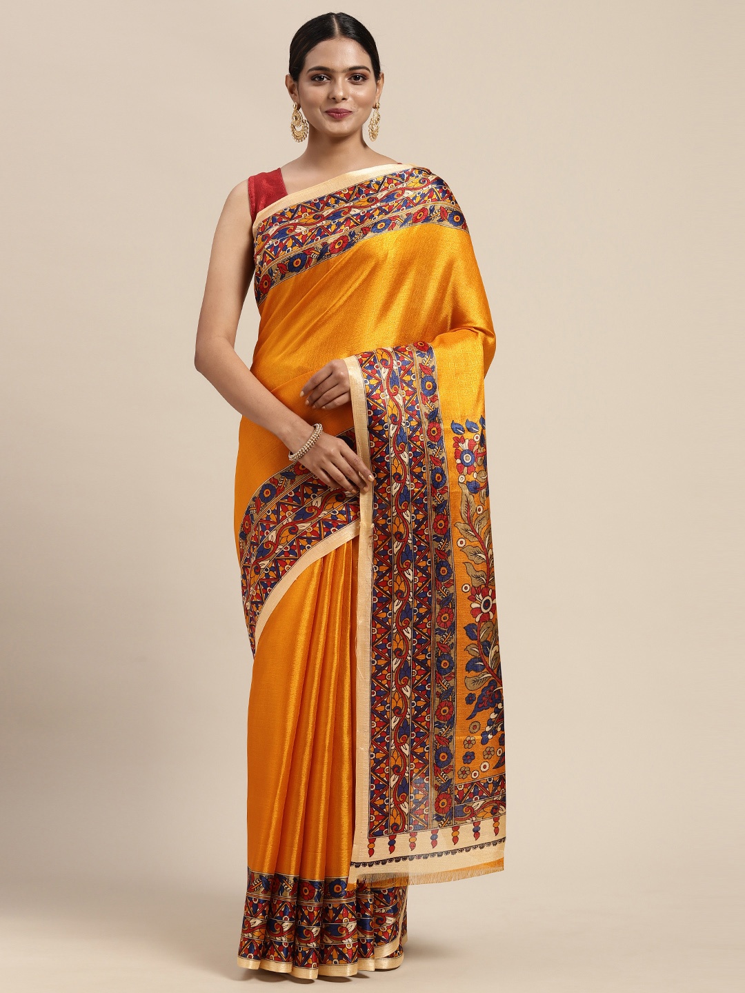 KALINI Mustard Kalamkari Art Silk Mysore Silk Saree