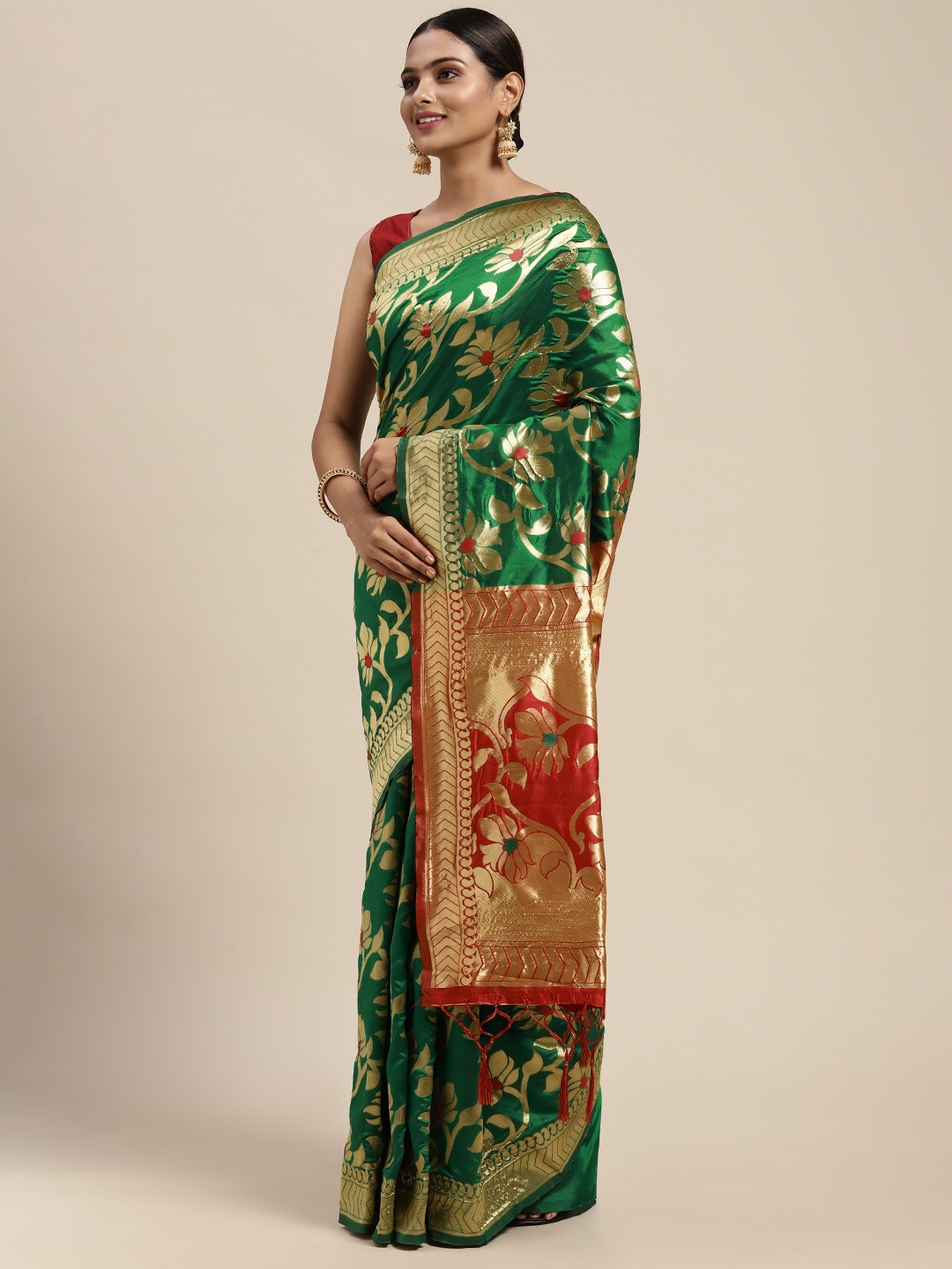 

KALINI Green & Red Woven Design Zari Silk Blend Banarasi Saree