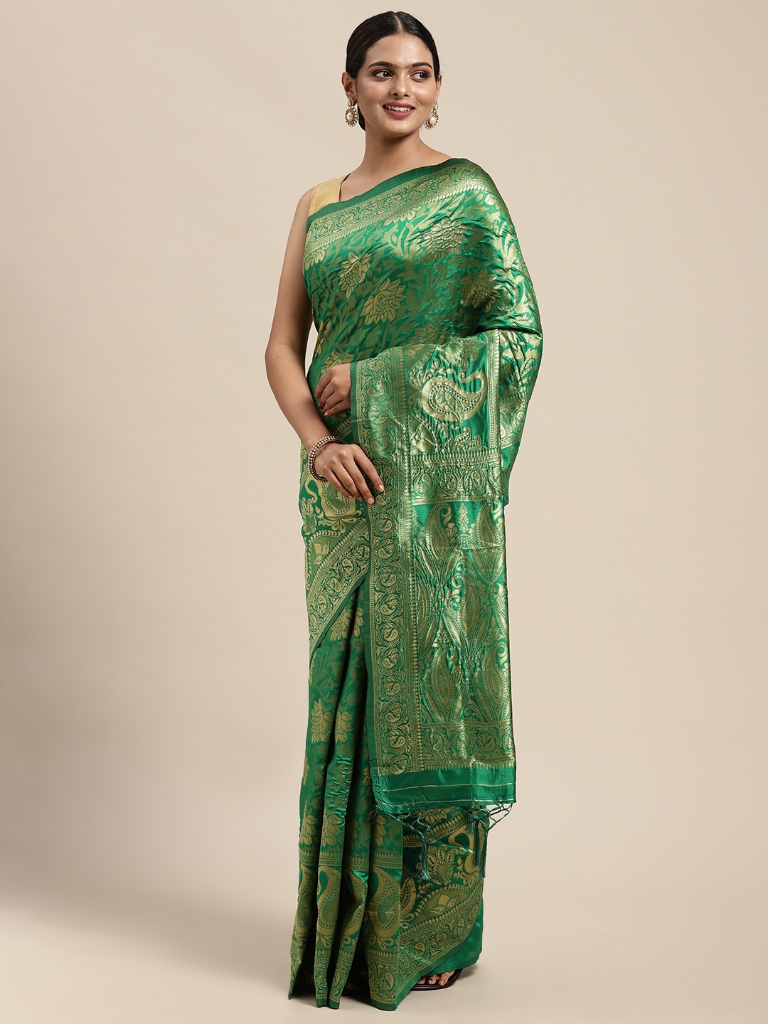 

KALINI Green Woven Design Zari Silk Blend Banarasi Saree