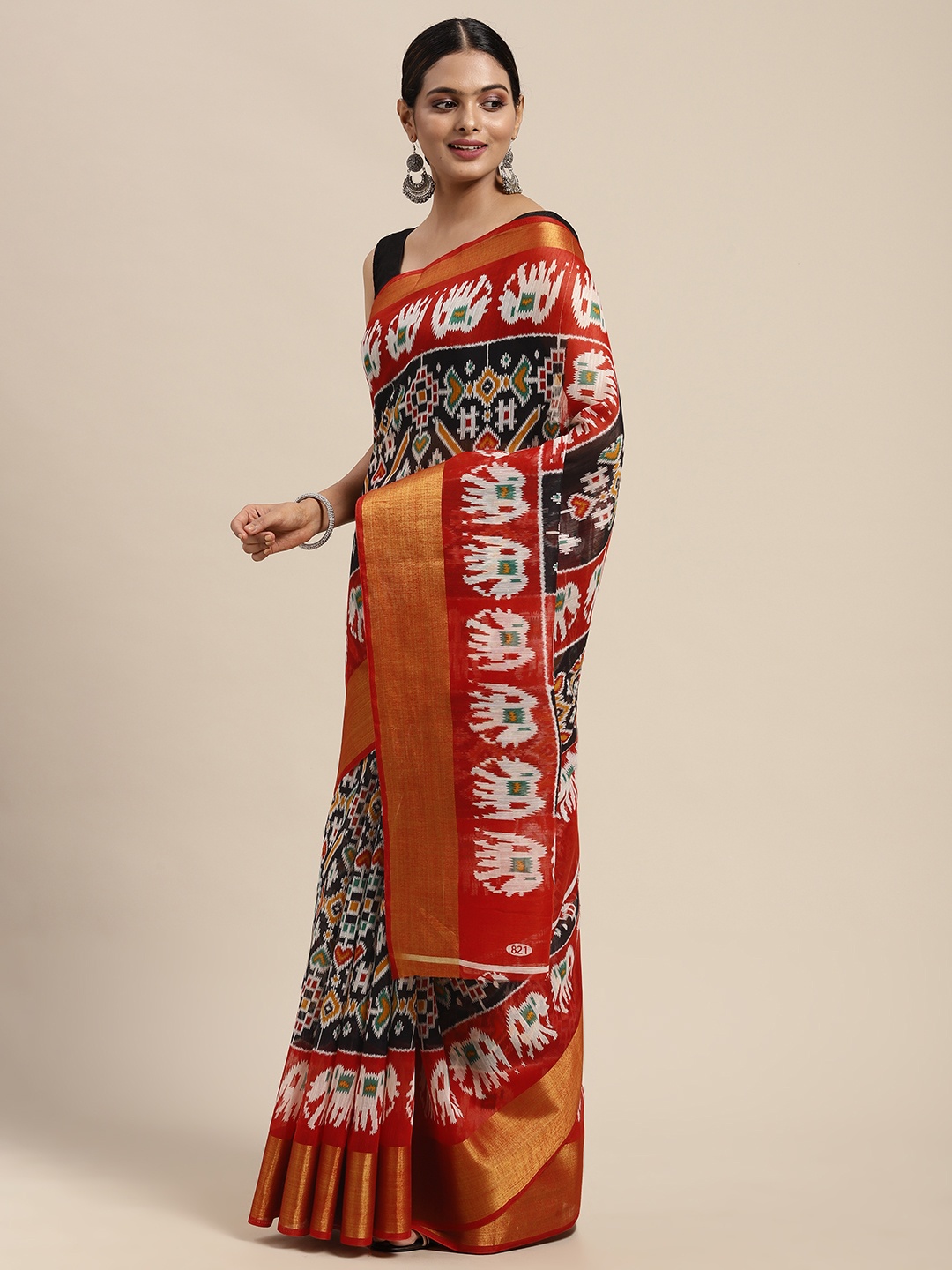 

KALINI Black & Red Warli Zari Ikat Saree