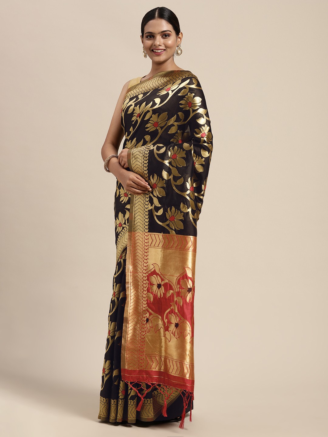 

KALINI Black & Red Woven Design Zari Silk Blend Banarasi Saree