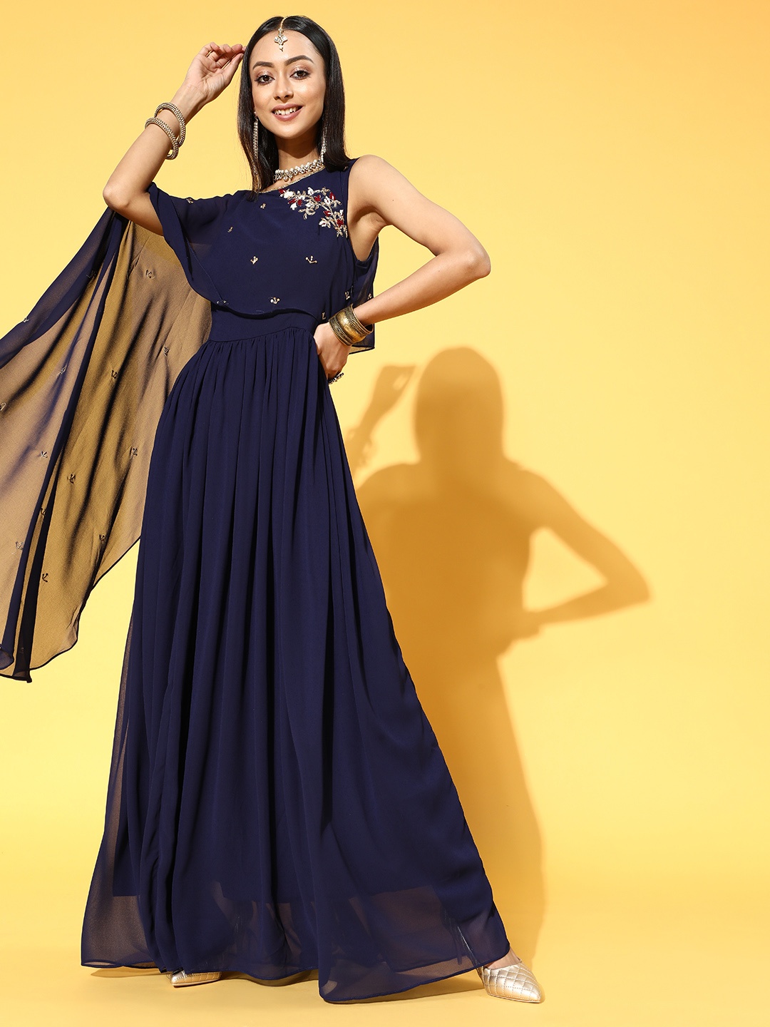 

Tikhi Imli Navy Blue Embroidered Detail Layered Georgette Maxi Gown