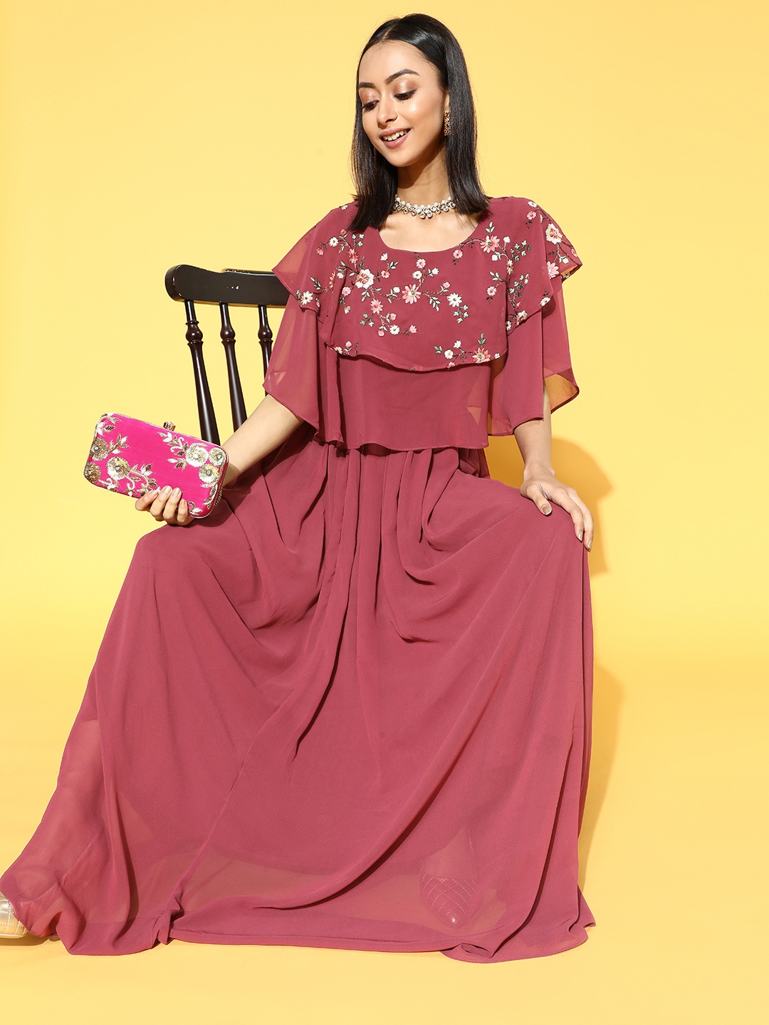 

Tikhi Imli Pink Floral Embroidered Detail Layered Georgette Maxi Gown