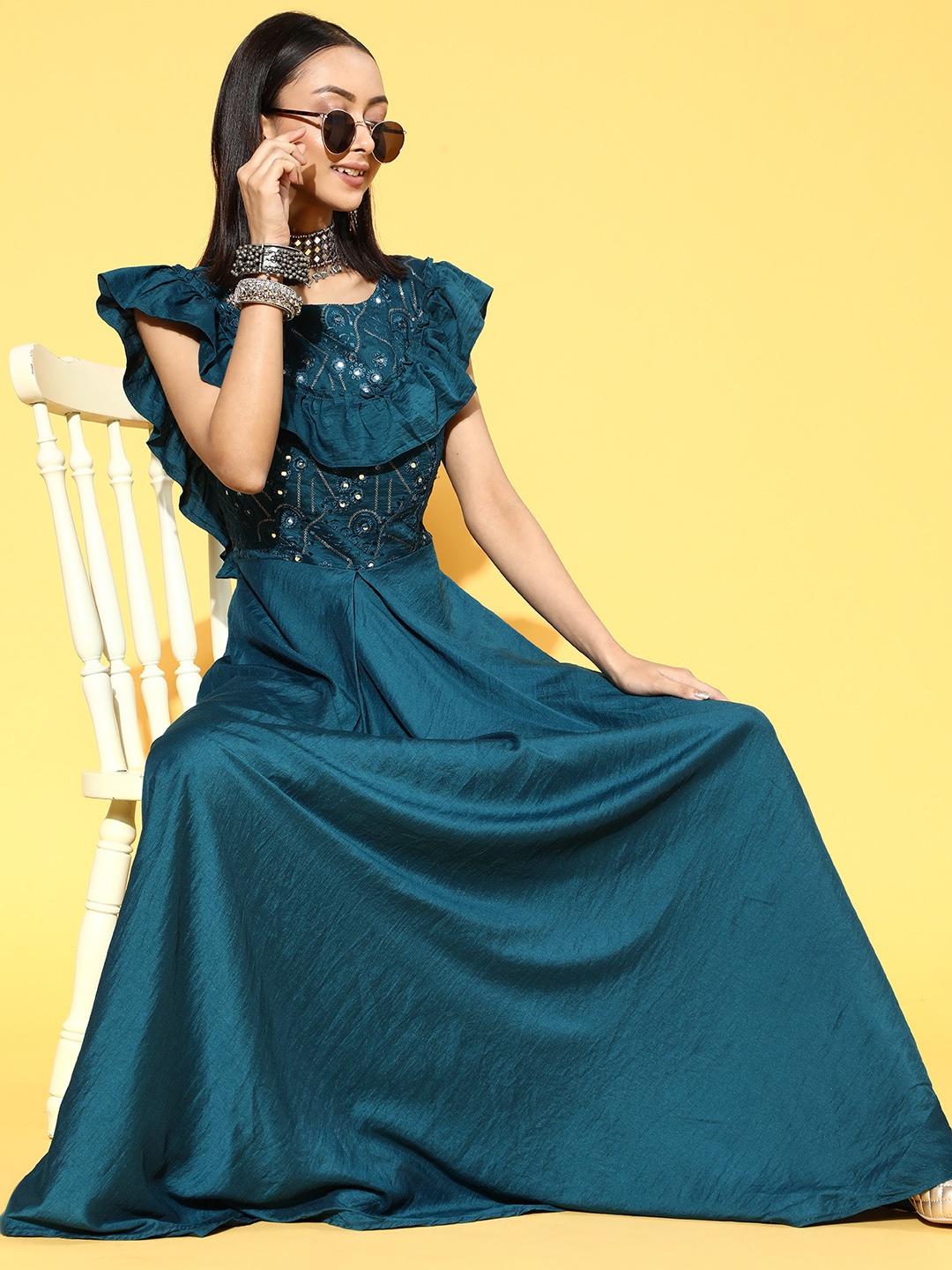 

Tikhi Imli Teal Green Ethnic Embroidered Detail Crepe Maxi Gown