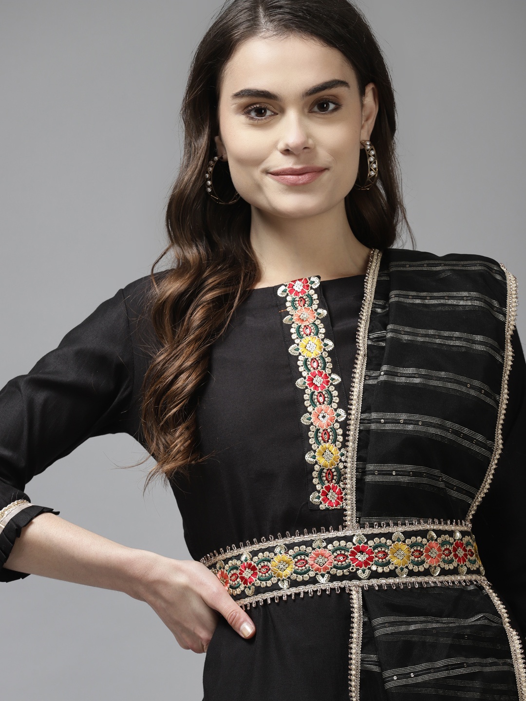 

Indo Era Women Black Liva Sequin Detail Kurta with Trousers & Dupatta