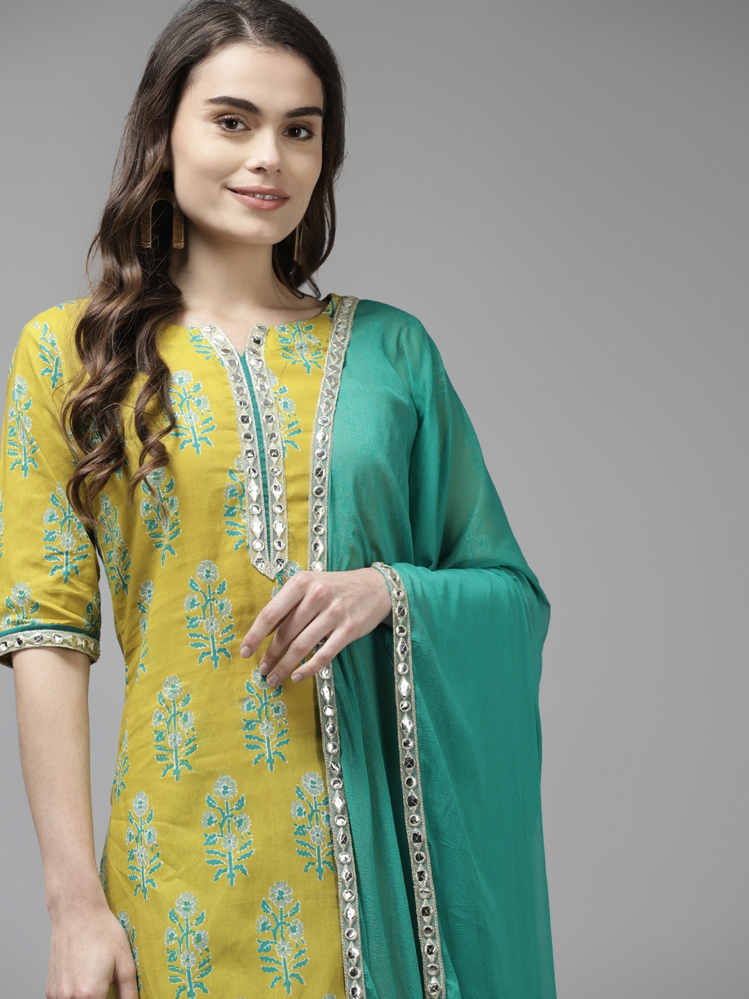 

Indo Era Women Yellow Ethnic Motifs Printed Kurta with Palazzos & Dupatta