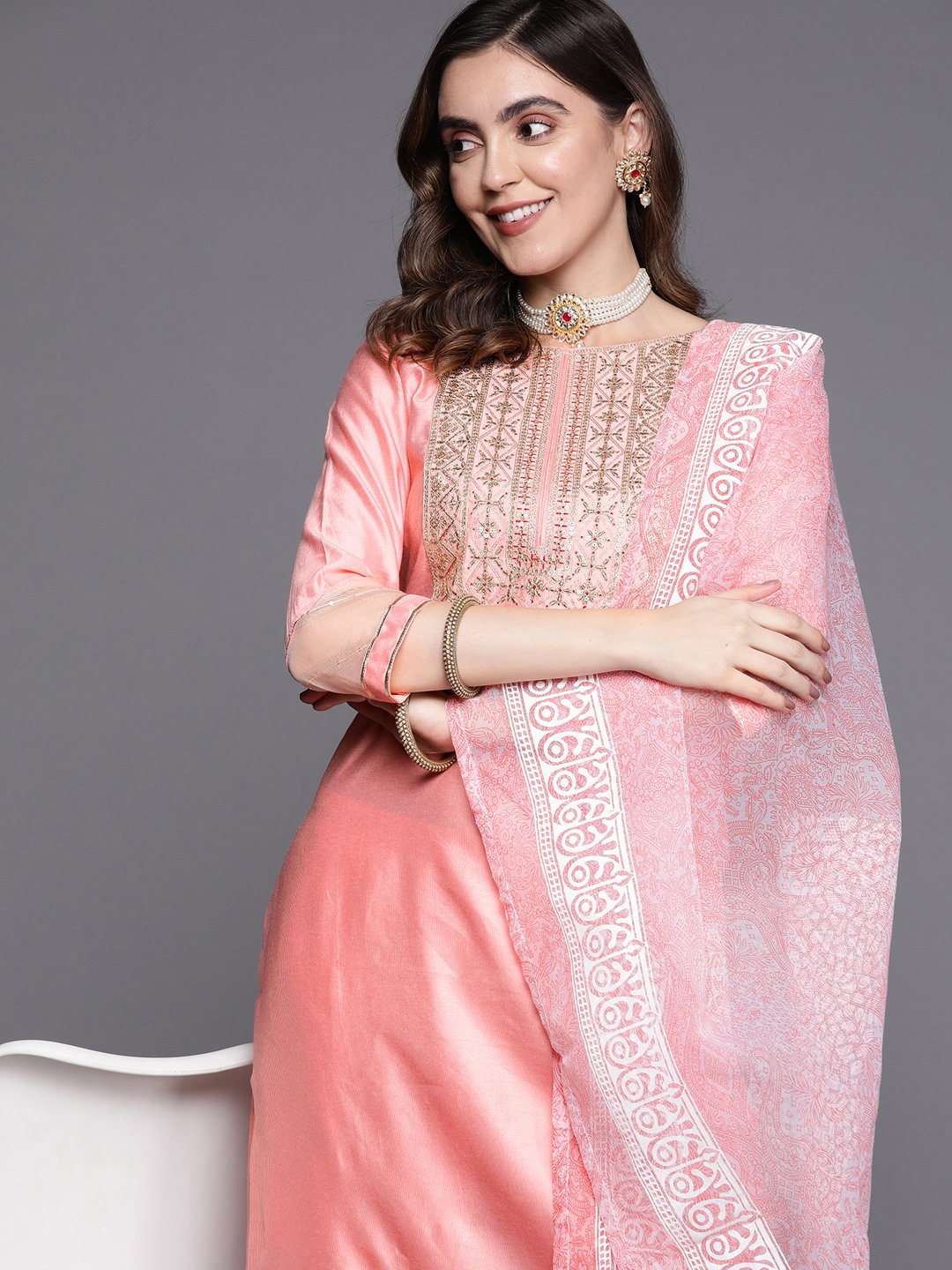 

Indo Era Women Ethnic Motifs Embroidered Sequinned Liva Kurta With Palazzos & With Dupatta, Pink