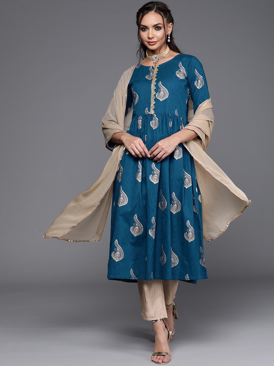 

Indo Era Women Blue & Beige Ethnic Motifs Printed Kurta with Trousers & Dupatta