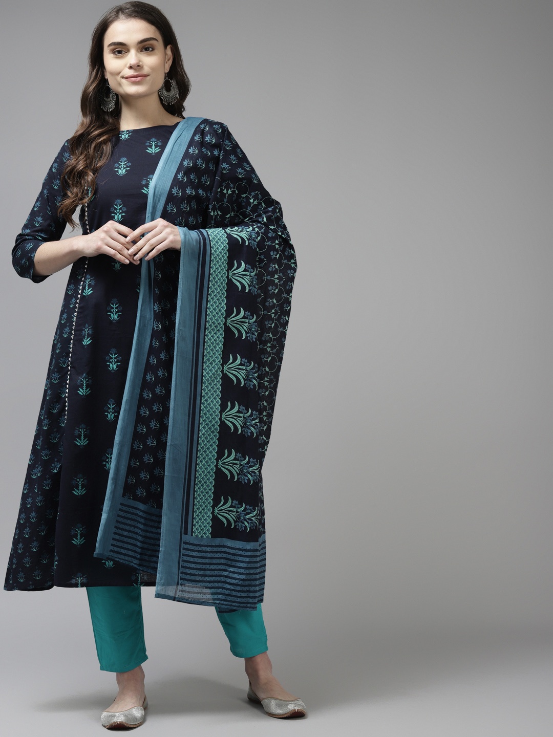 

Indo Era Women Navy Blue Ethnic Motifs Printed Kurta with Trousers & Dupatta