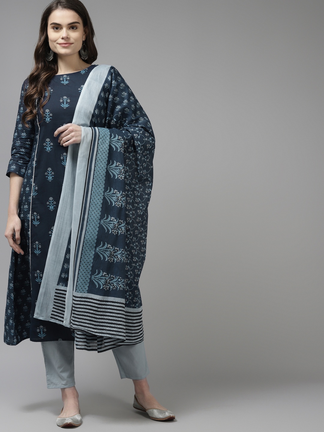 

Indo Era Women Navy Blue Ethnic Motifs Printed Kurta with Trousers & Dupatta