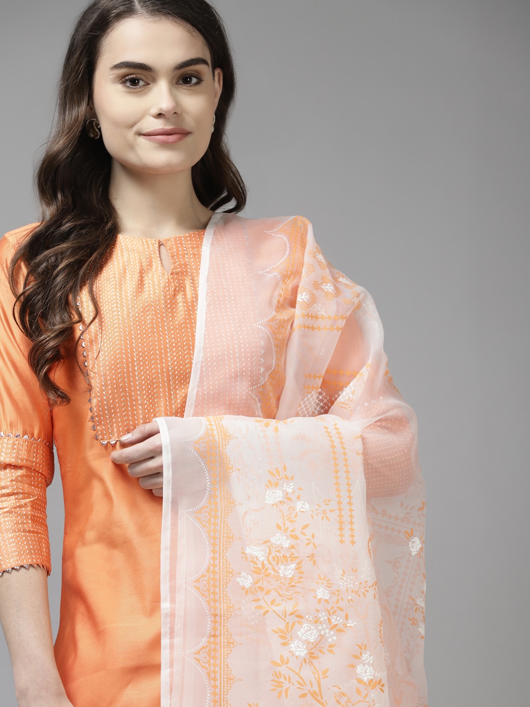 

Indo Era Women Orange Yoke Design Liva Kurta with Palazzos & Dupatta