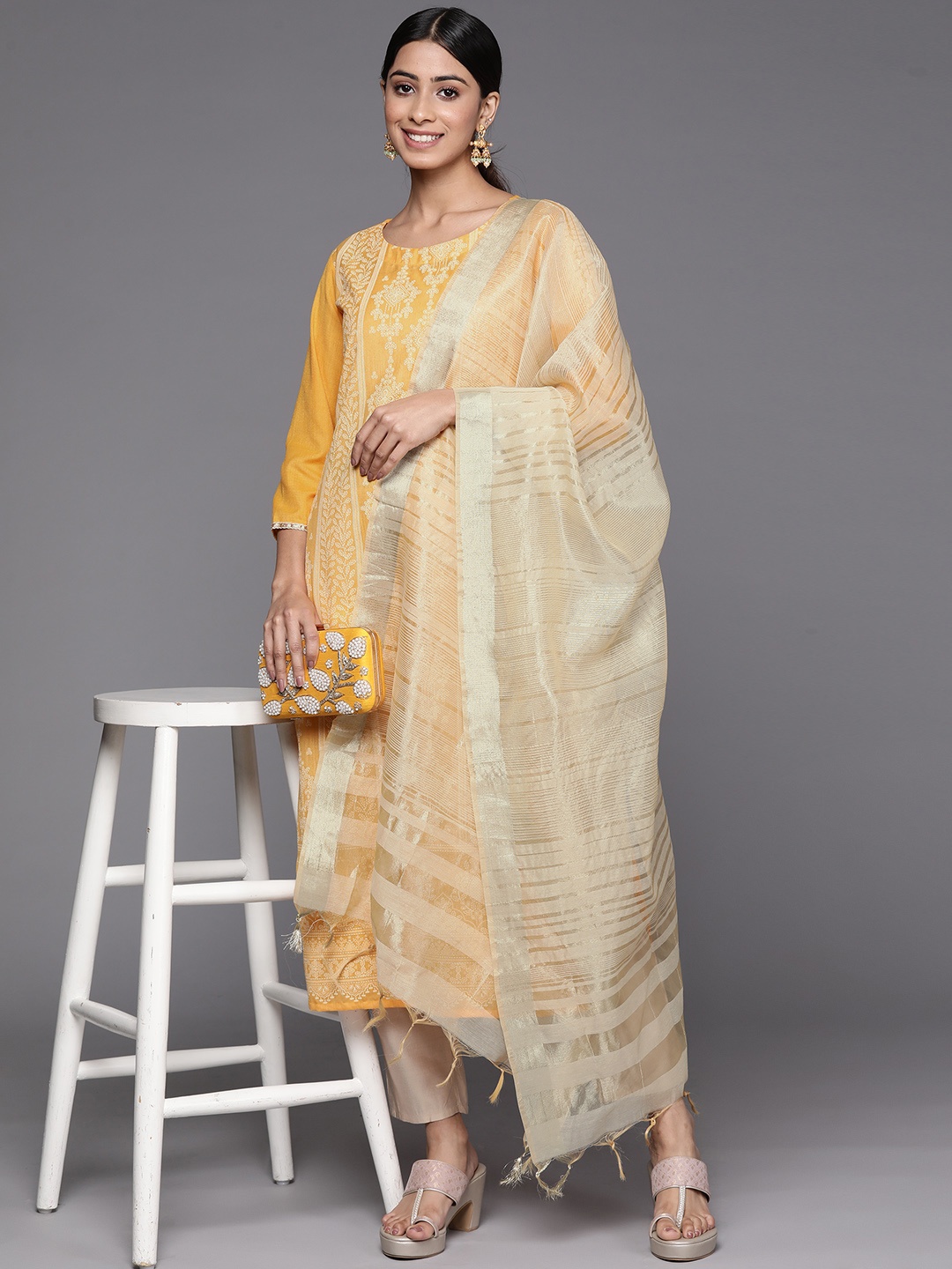 

Indo Era Women Ethnic Motifs Embroidered Chanderi Silk Kurta With Trousers & With Dupatta, Orange
