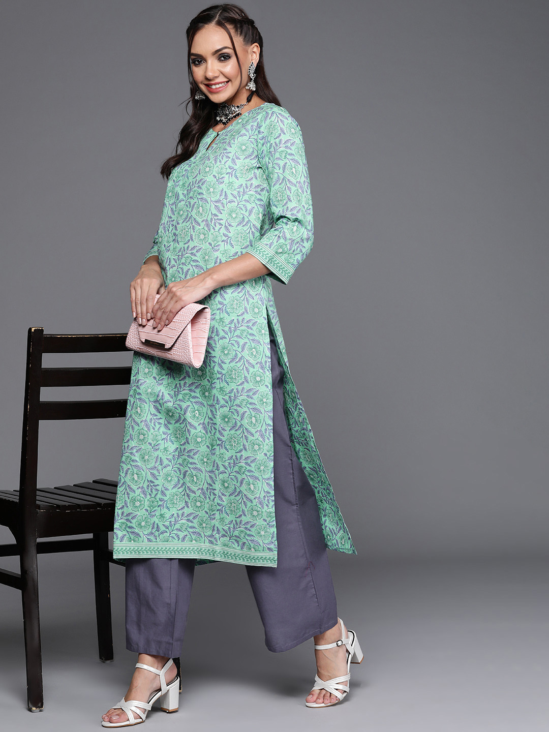 

Indo Era Women Sea Green & Grey Ethnic Motifs Printed Pure Cotton Kurta with Trousers