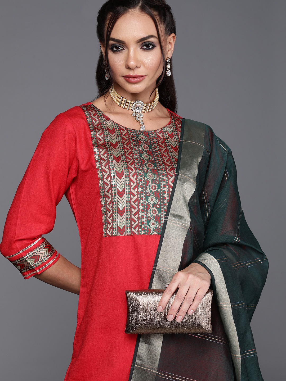 

Indo Era Women Red Ethnic Motifs Yoke Design Kurta with Palazzos & Dupatta