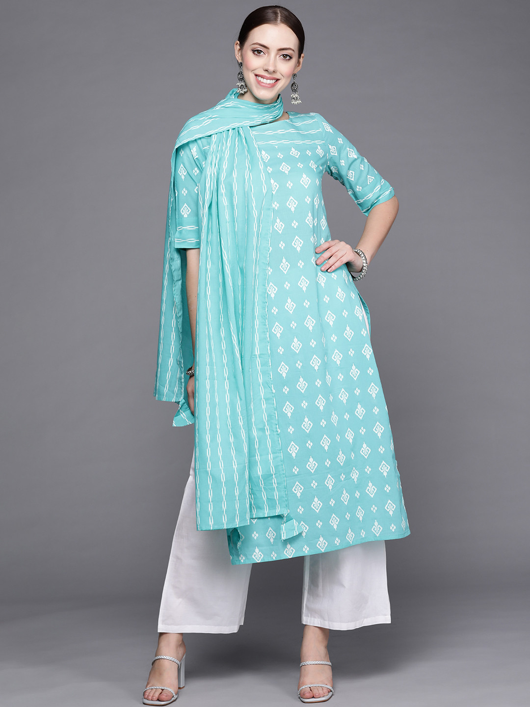 

Indo Era Women Blue & White Printed Kurta with Trousers & Dupatta