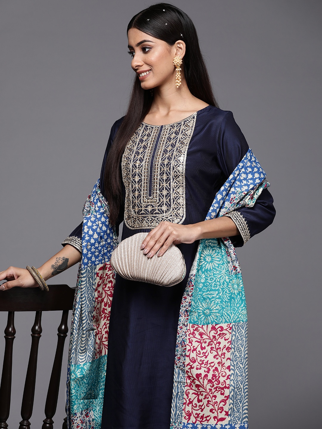 

Indo Era Women Navy Blue Floral Embroidered Liva Kurta with Palazzos & With Dupatta