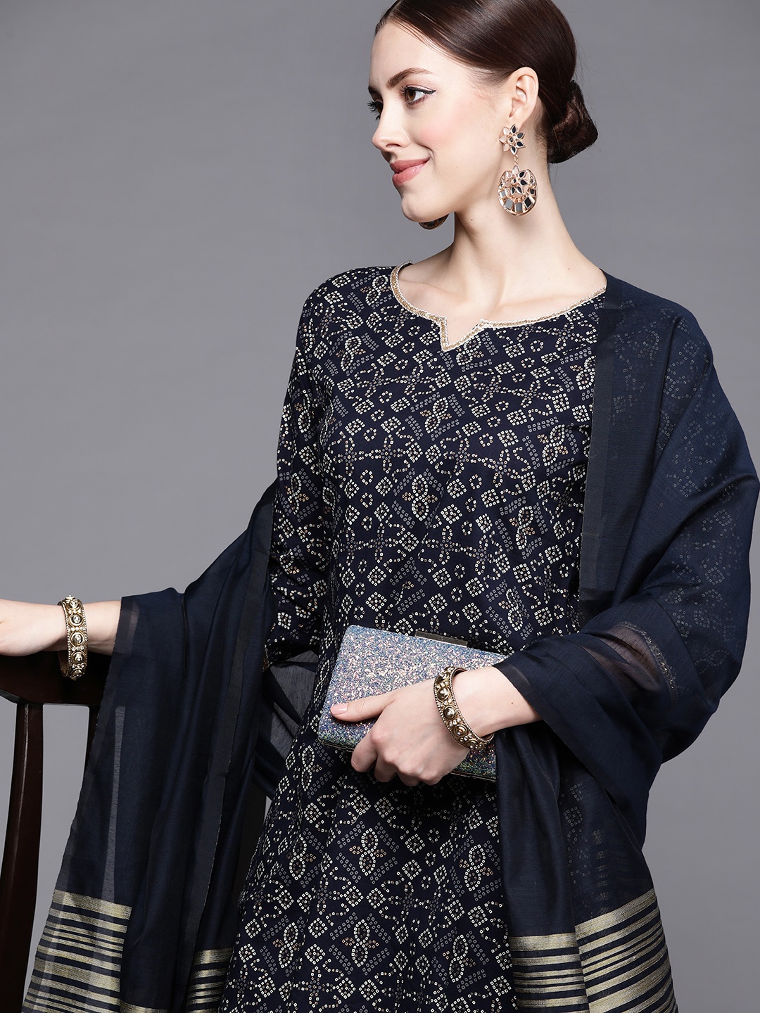 

Indo Era Women Navy Blue Bandhani Printed Kurta with Trousers & Dupatta