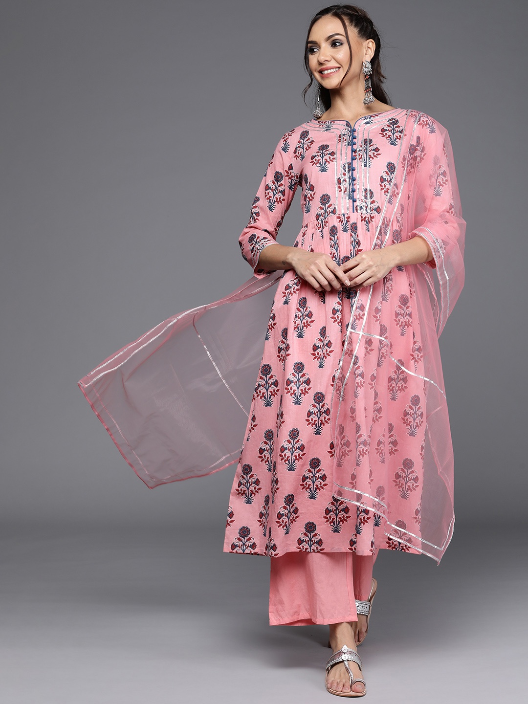 

Indo Era Women Pink & Blue Ethnic Printed Kurta with Trousers & Dupatta