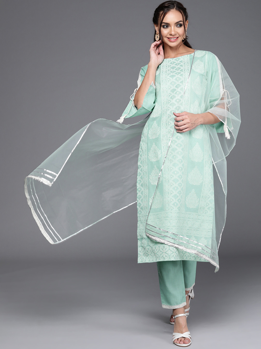

Indo Era Women Blue Ethnic Motifs Embroidered Kurta with Trousers & Dupatta